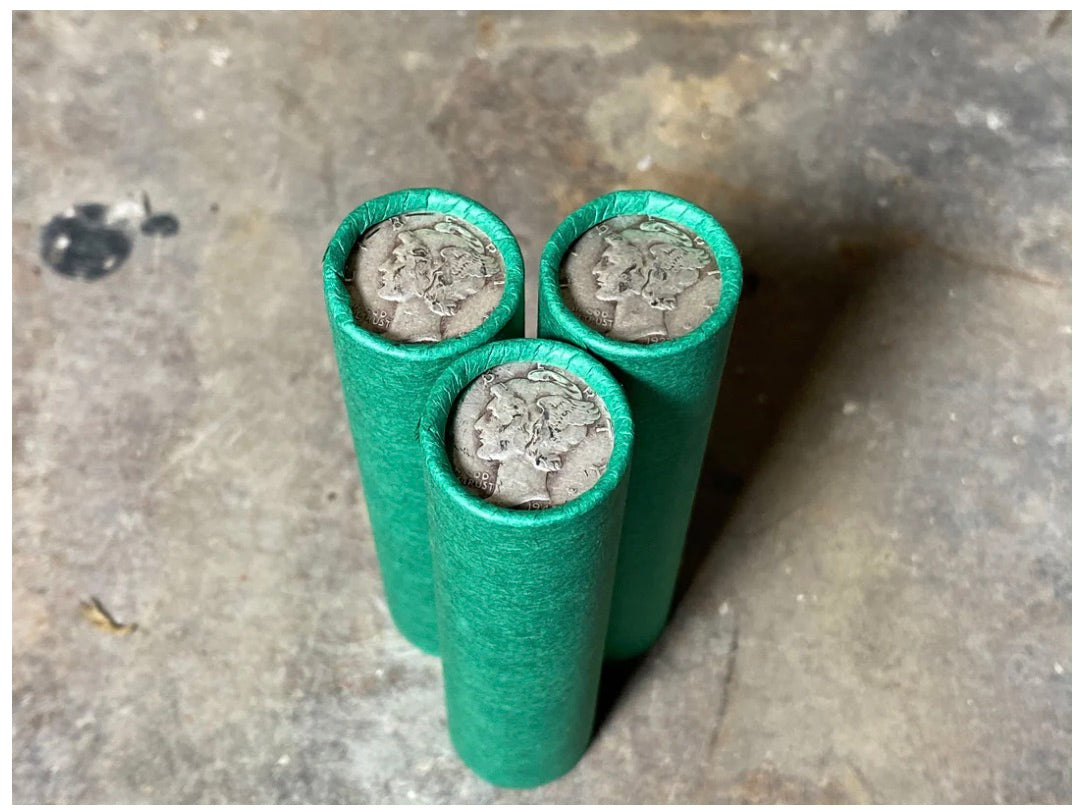 SILVER MERCURY DIME showing on old vintage unsearched green wheat penny roll us coins estate collection cent sale lot
