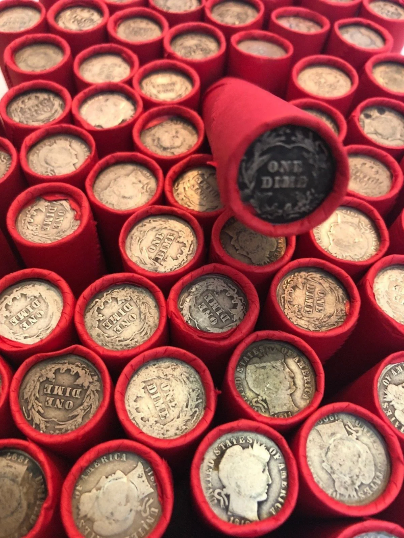 TIGHTLY CRIMPED RED BANK WRAPPED ROLLS OF WHEAT CENTS WITH BARBER DIMES SHOWING
