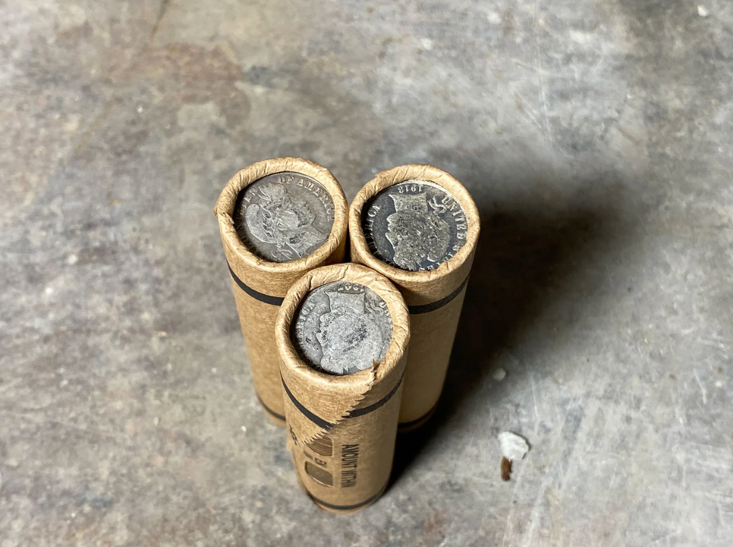 SILVER BARBER DIME showing on vintage unsearched old wheat penny window roll us