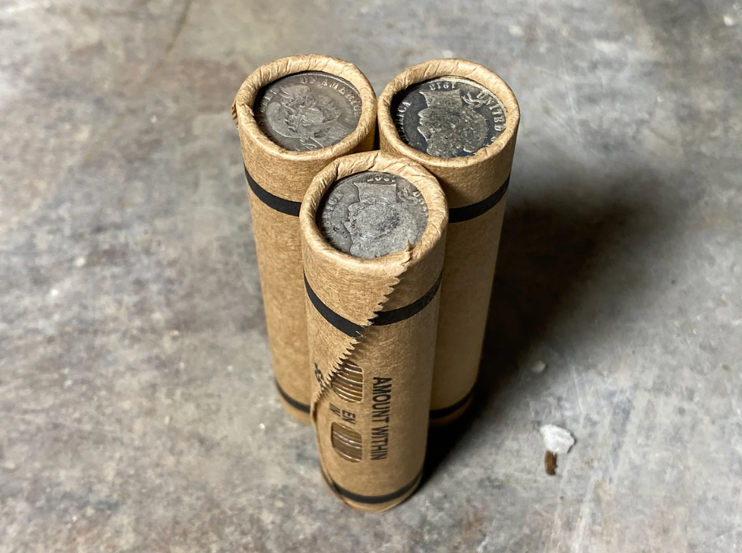 SILVER BARBER DIME showing on vintage unsearched old wheat penny window roll us