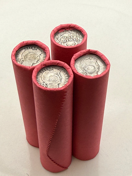 TIGHTLY CRIMPED RED BANK WRAPPED ROLLS OF WHEAT CENTS WITH BARBER DIMES SHOWING