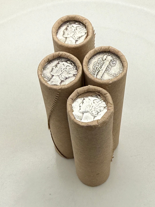 SILVER MERCURY DIME showing on old vintage unsearched old brown wheat penny roll