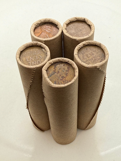 Tightly Crimped Brown Rolls of Old Wrapped Wheat Pennies