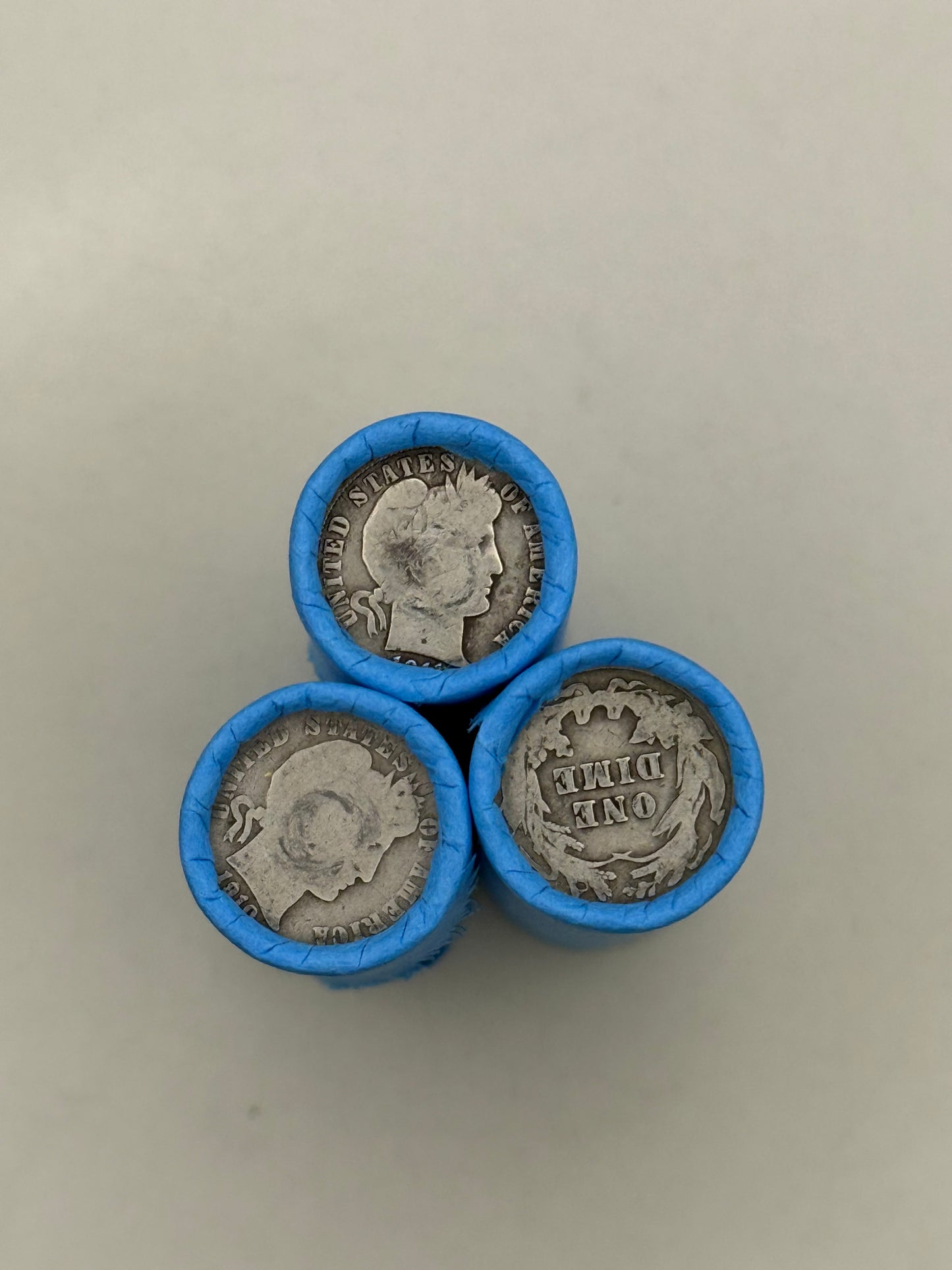Blue Wheat Penny Rolls with a Silver Barber Dime Ender