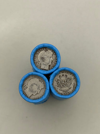 Blue Wheat Penny Rolls with a Silver Barber Dime Ender