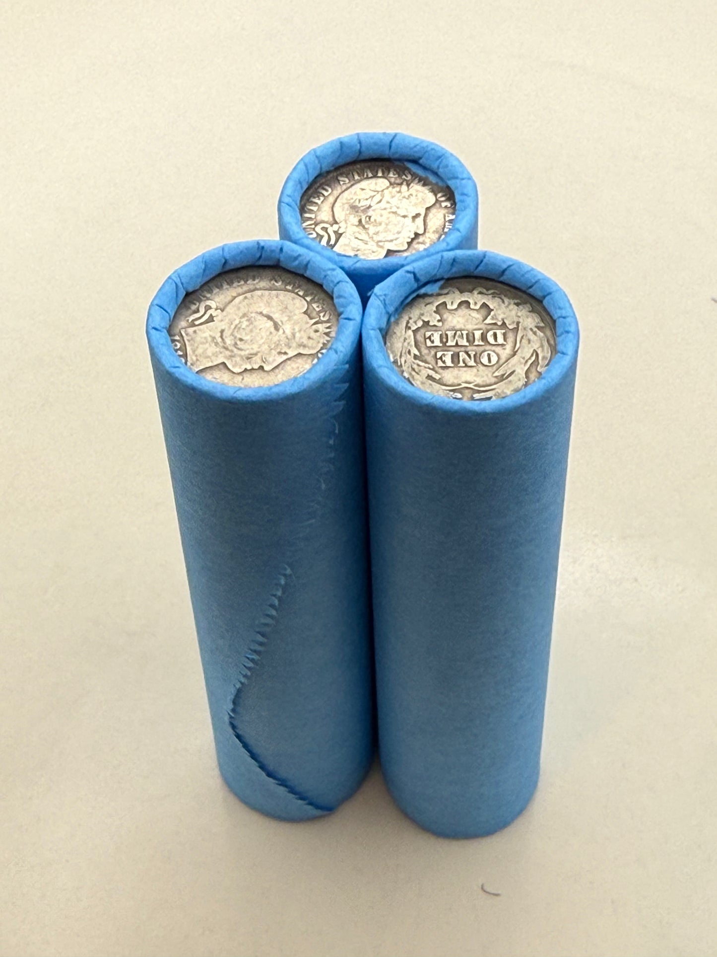 Blue Wheat Penny Rolls with a Silver Barber Dime Ender