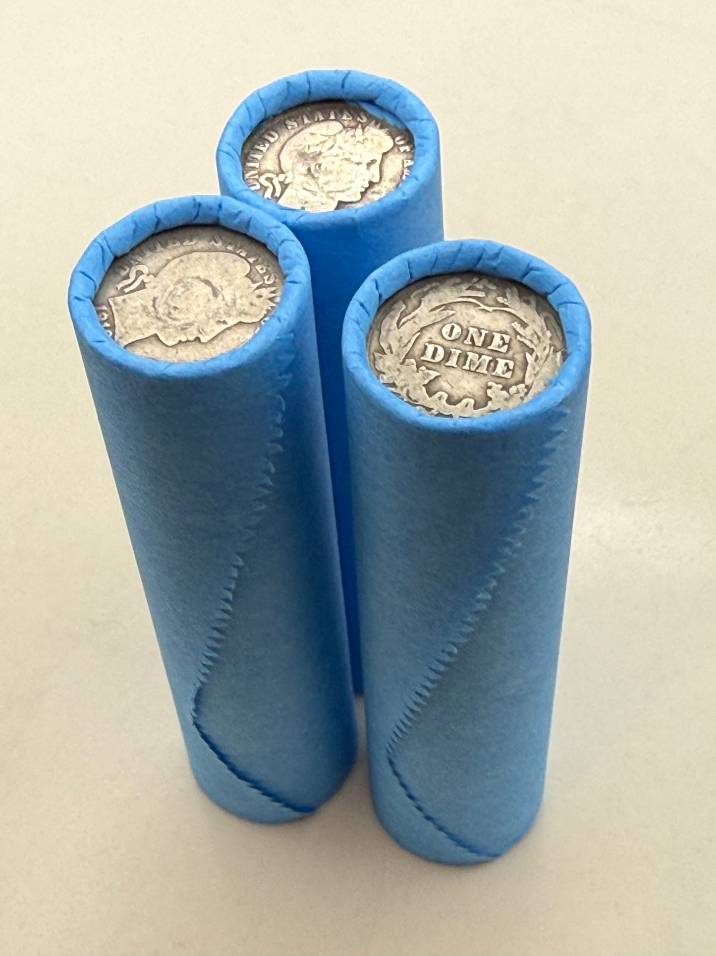 Blue Wheat Penny Rolls with a Silver Barber Dime Ender