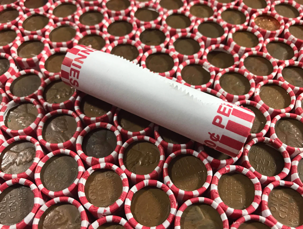 TIGHTLY CRIMPED WHITE BANK WRAPPED ROLLS OF OLD WHEAT PENNIES