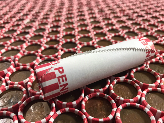 TIGHTLY CRIMPED WHITE BANK WRAPPED ROLLS OF OLD WHEAT PENNIES