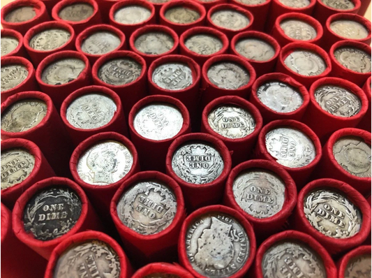 TIGHTLY CRIMPED RED BANK WRAPPED ROLLS OF WHEAT CENTS WITH BARBER DIMES SHOWING