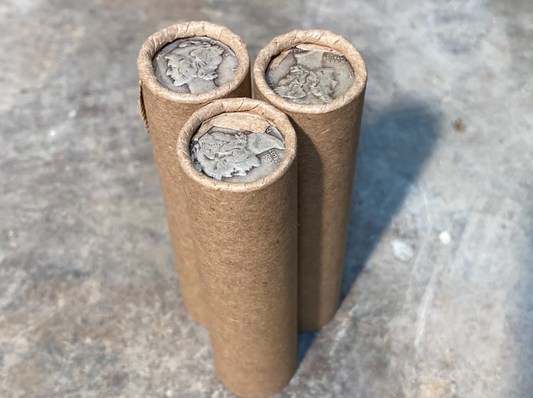 SILVER MERCURY DIME showing on old vintage unsearched old brown wheat penny roll