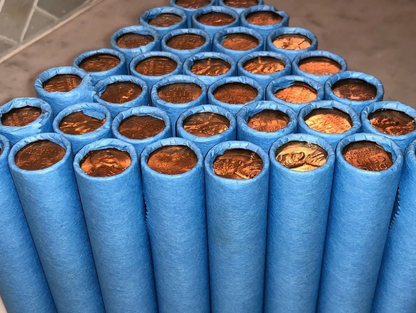 Blue Wheat Penny Rolls with a Brilliant Uncirculated Wheat Cent Ender 