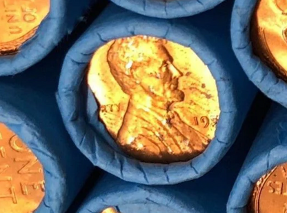Blue Wheat Penny Rolls with a Brilliant Uncirculated Wheat Cent Ender 