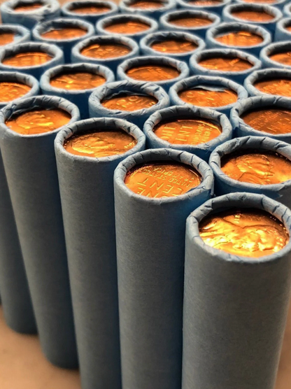 Blue Wheat Penny Rolls with a Brilliant Uncirculated Wheat Cent Ender 