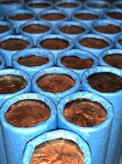 Blue Wheat Penny Rolls with a Brilliant Uncirculated Wheat Cent Ender 