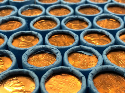 Blue Wheat Penny Rolls with a Brilliant Uncirculated Wheat Cent Ender 